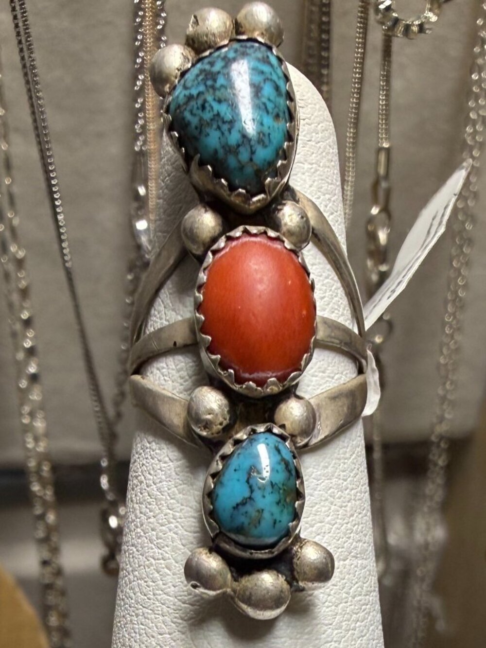 Vintage Navajo Native American sterling silver turquoise and red coral